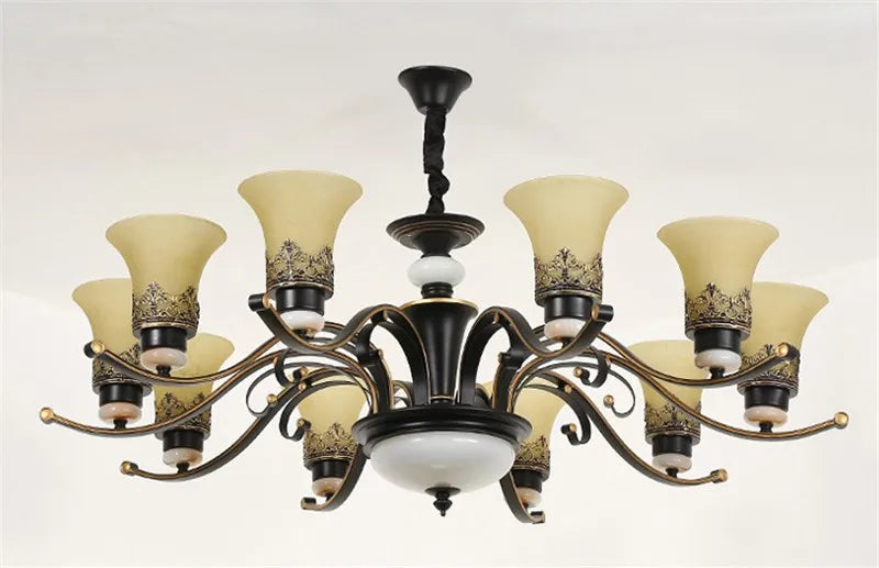 lustre vintage en métal noir avec abat-jour en verre dépoli - vue 10 sur 11