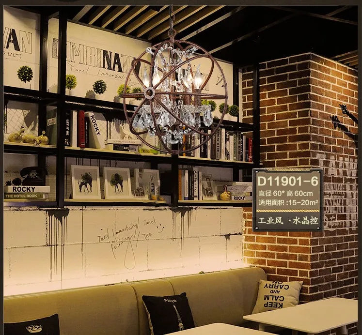 lustre vintage industriel en fer et cristal - vue 6 sur 6