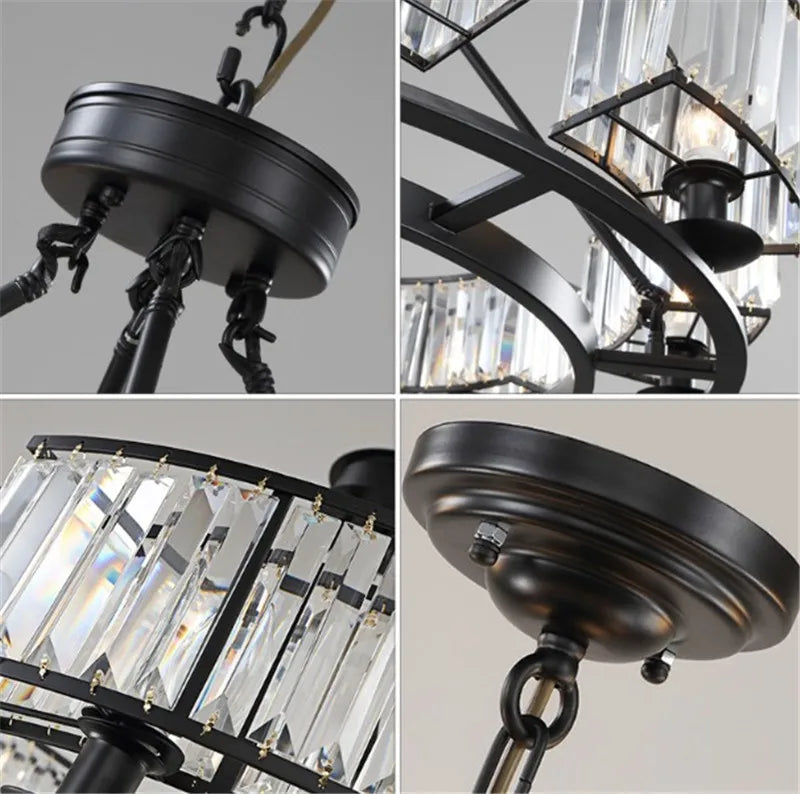 lustre en fer forgé et cristal style rétro industriel - vue 5 sur 6
