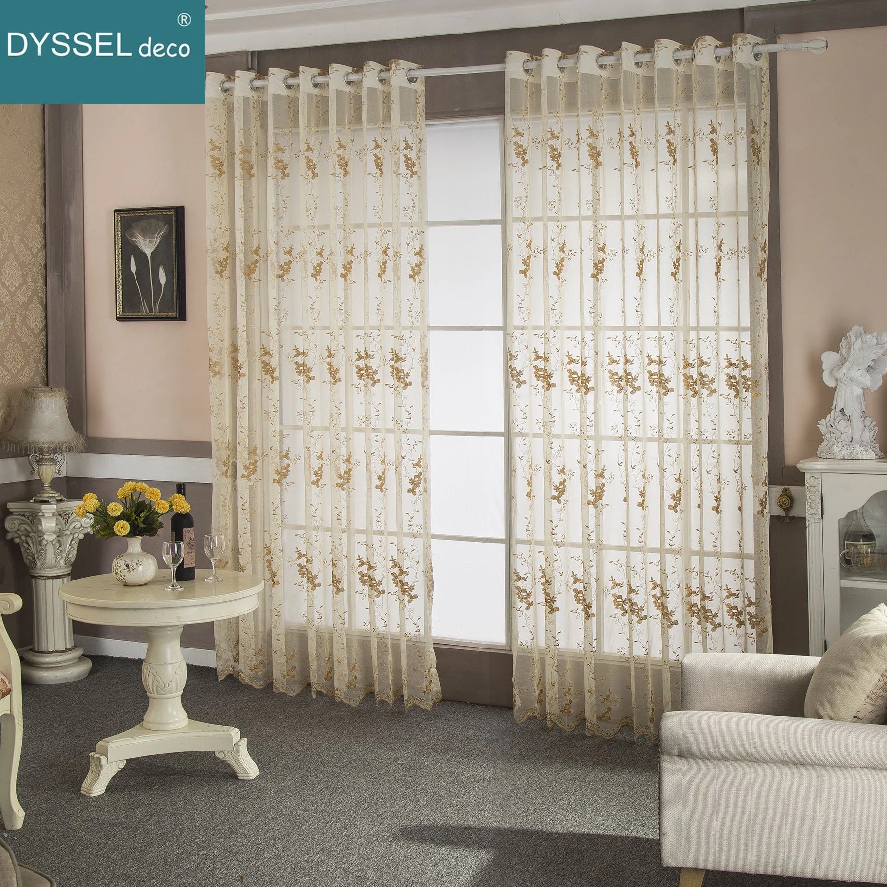 Rideau transparent broderie florale feston style europeen salon - vue 5 sur 8