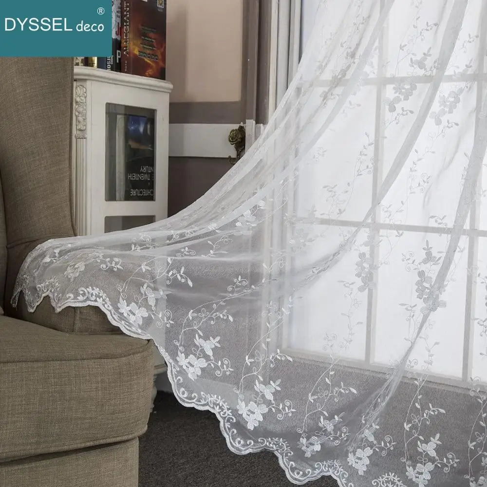 Rideau transparent broderie florale feston style europeen salon - vue 3 sur 8