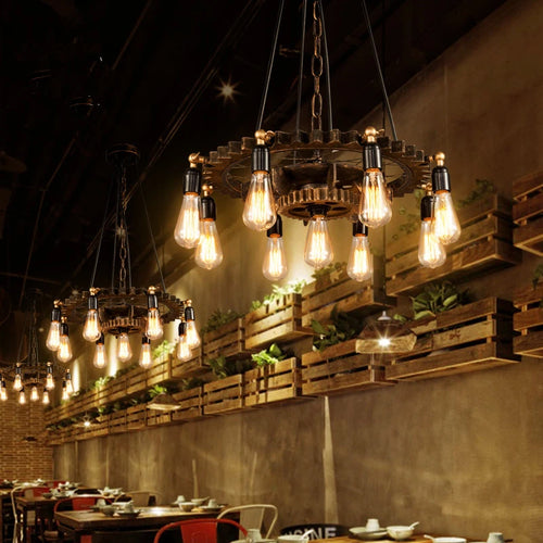 lustre industriel rétro créatif 9 têtes en bois pour loft restaurant café - vue 4 sur 9