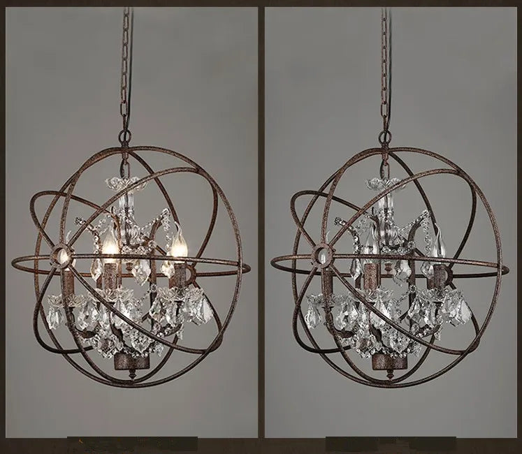 lustre vintage industriel en fer et cristal - vue 4 sur 6