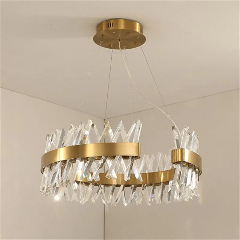 lustre moderne en cristal doré éclairage led design élégant - vue 6 sur 6