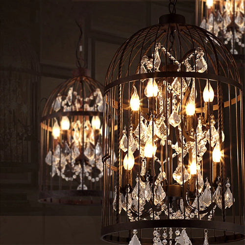 Vintage cage à oiseaux en cristal noir lustre éclairage américain rétro industriel fer Art Restaurant Bar magasin de vêtements Luminaria - vue 3 sur 11