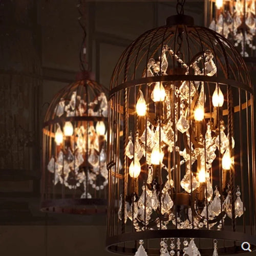 lustre vintage américain en fer avec cage à oiseaux et cristaux - vue 6 sur 6