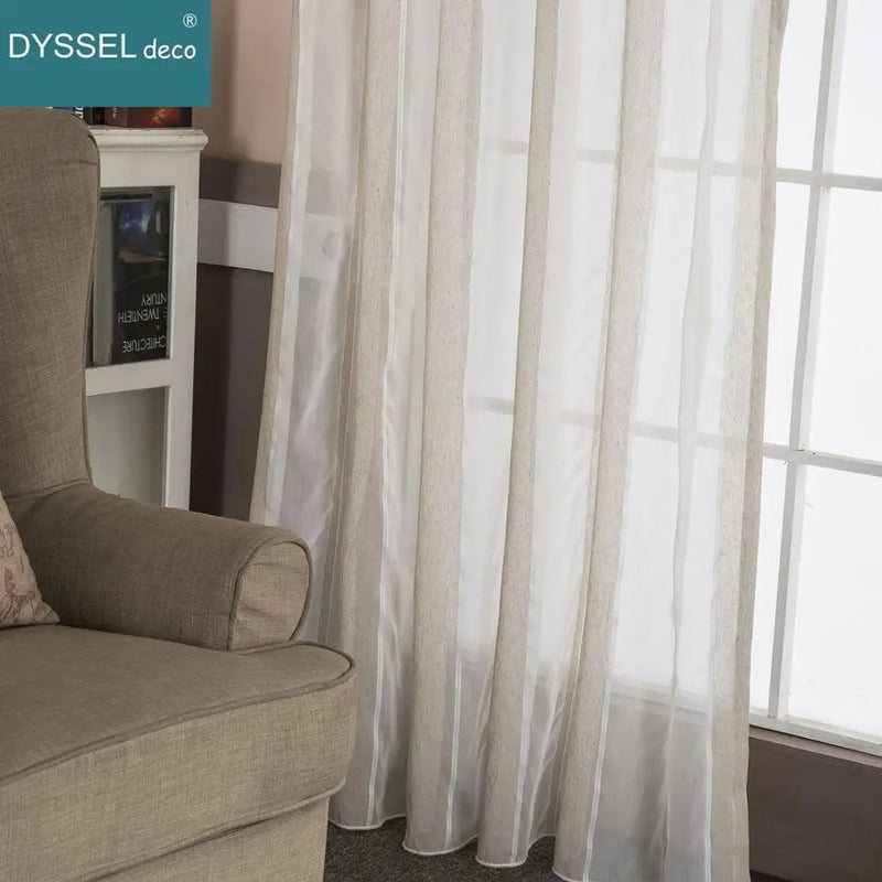 Rideau lin rayé style naturel plis plats moderne