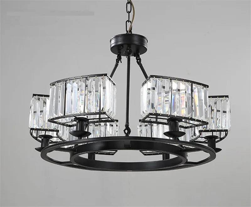 lustre en fer forgé et cristal style rétro industriel - vue 3 sur 6