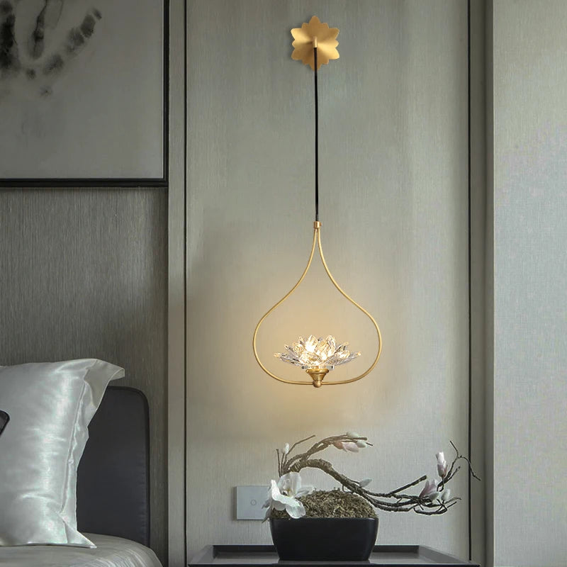 Étude G9 LED Lotus appliques murales pour salon Restaurant lecture éclairage chinois cuivre longue applique murale en cristal Lampara Pared