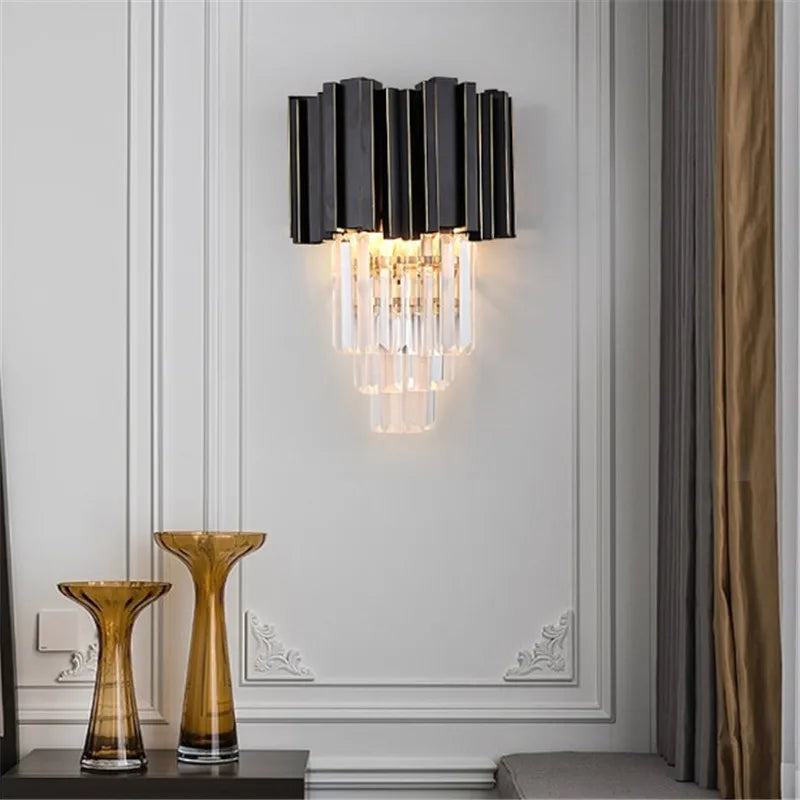 Crystal Wall Light, Gold Black Finish Wall Sconce, Modern K9 Crystal Drops Shade Wall Lamp Bedroom Living Room Lighting - vue 3 sur 7