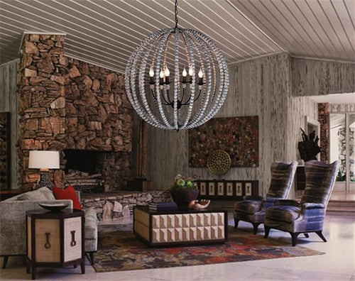 lustre rond en perles de bois style rétro rustique en fer blanc - vue 7 sur 11