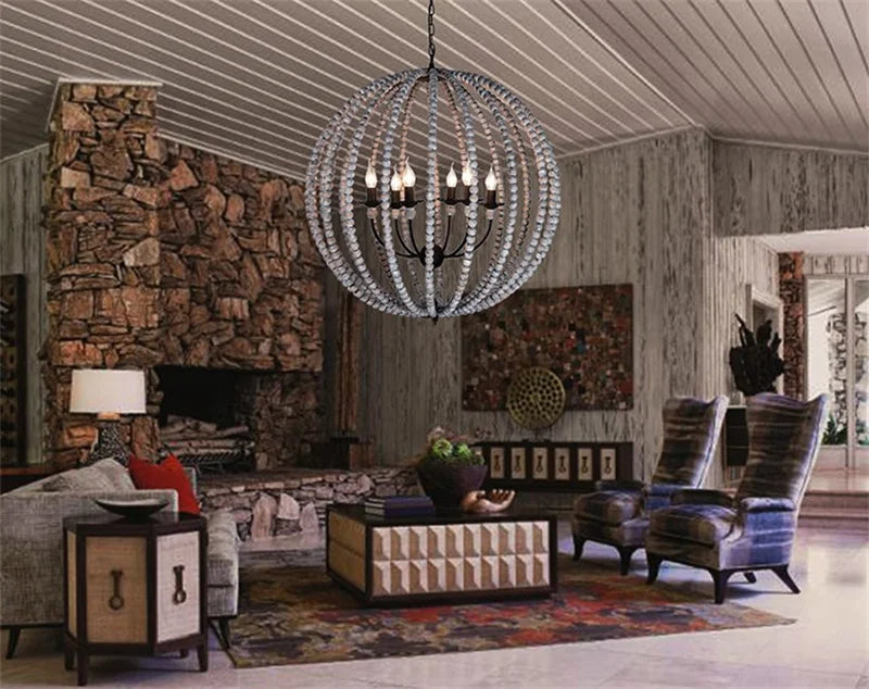 lustre rond en perles de bois style rétro rustique en fer blanc - vue 6 sur 11