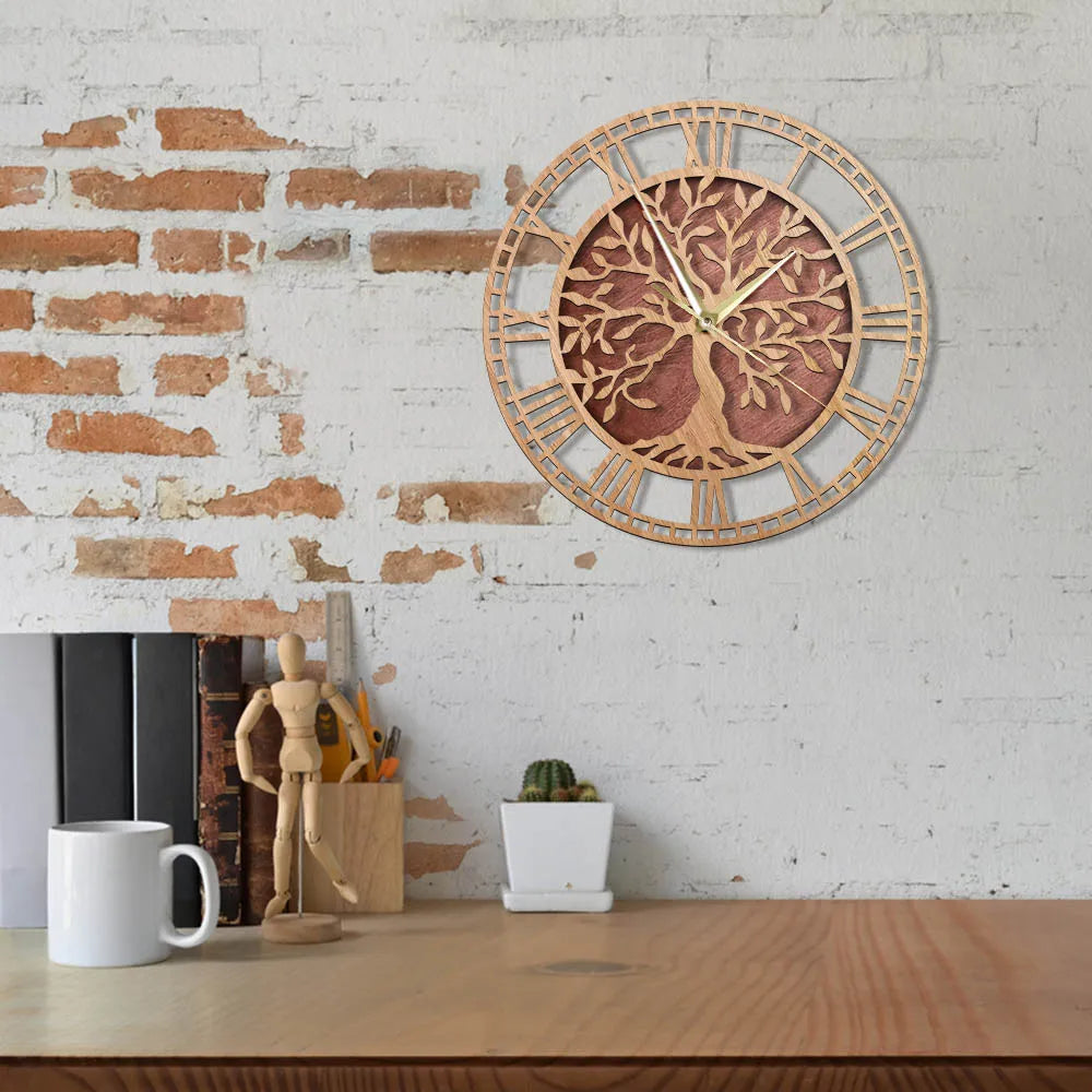 horloge murale en bois arbre de vie style ferme décorative et silencieuse - vue 6 sur 7