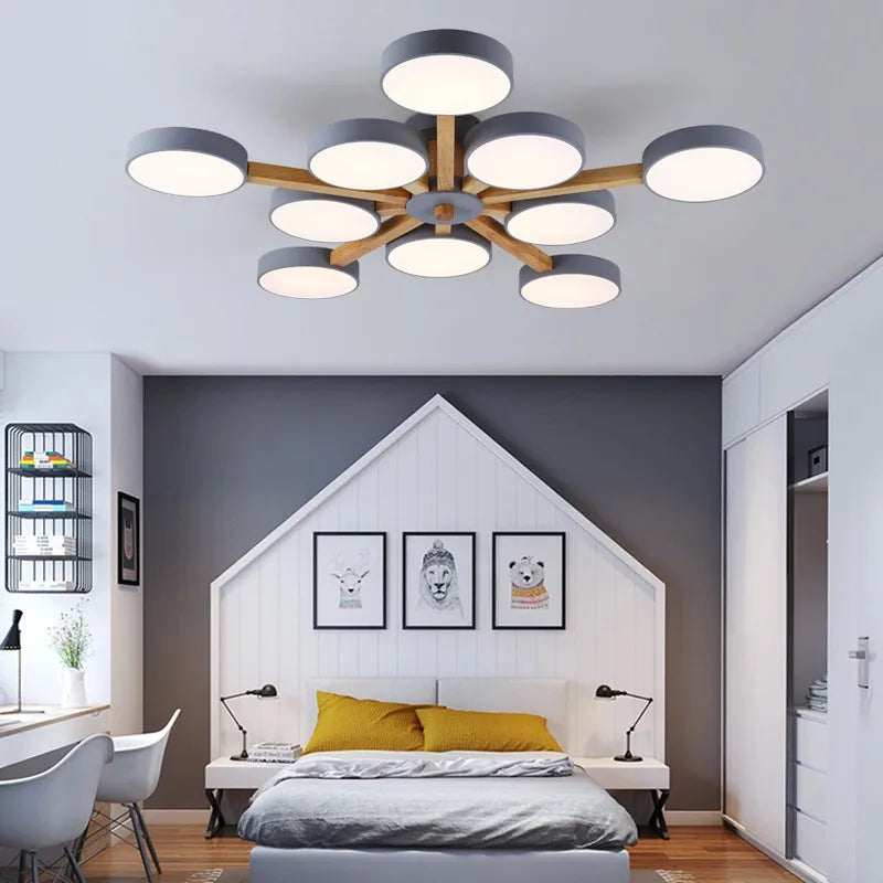lustre moderne en bois avec luminaire led pour décoration maison - vue 4 sur 5