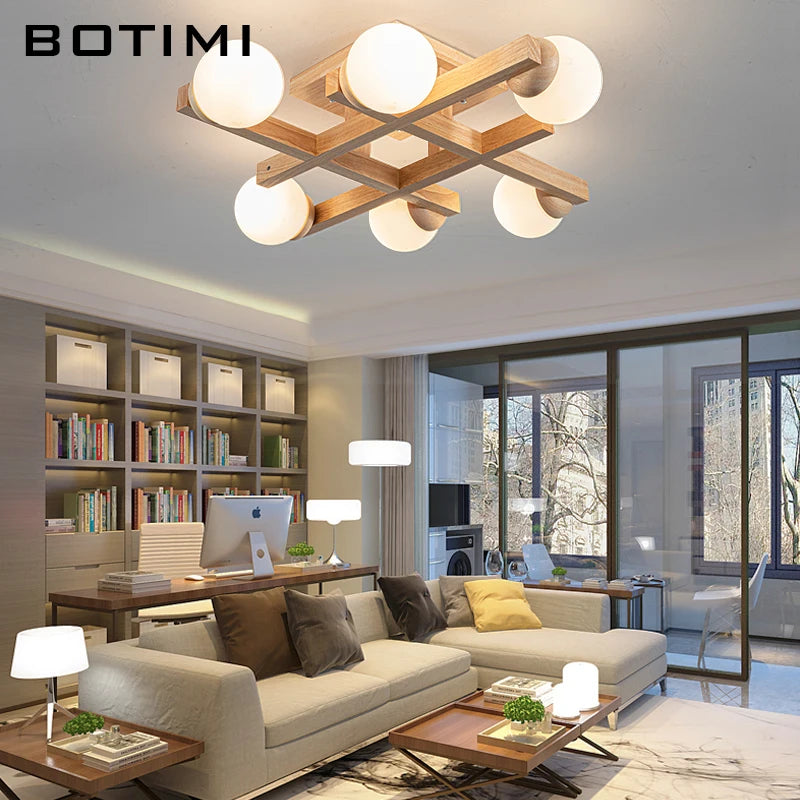Plafonniers en bois avec abat-jour en verre pour salon moderne monté en Surface Lustres en bois carrés chambre à coucher Luminaire - vue 4 sur 9