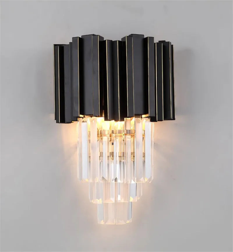 Crystal Wall Light, Gold Black Finish Wall Sconce, Modern K9 Crystal Drops Shade Wall Lamp Bedroom Living Room Lighting - vue 4 sur 7