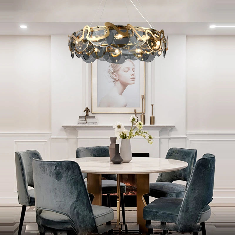 LED postmoderne doré rond ovale lustre éclairage lustre Suspension Luminaire Lampen pour Foyer - vue 8 sur 12