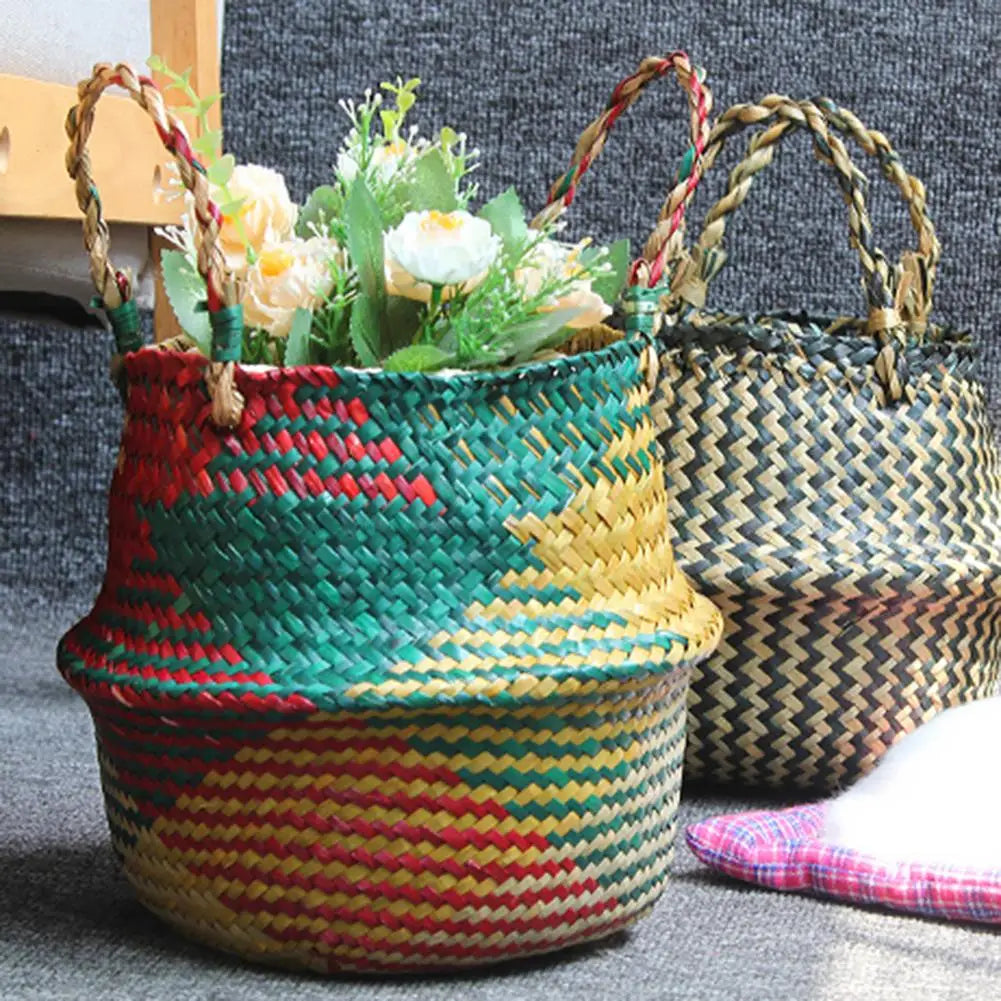 panier de rangement pliable en osier avec poignée pour fleurs linge - vue 5 sur 8