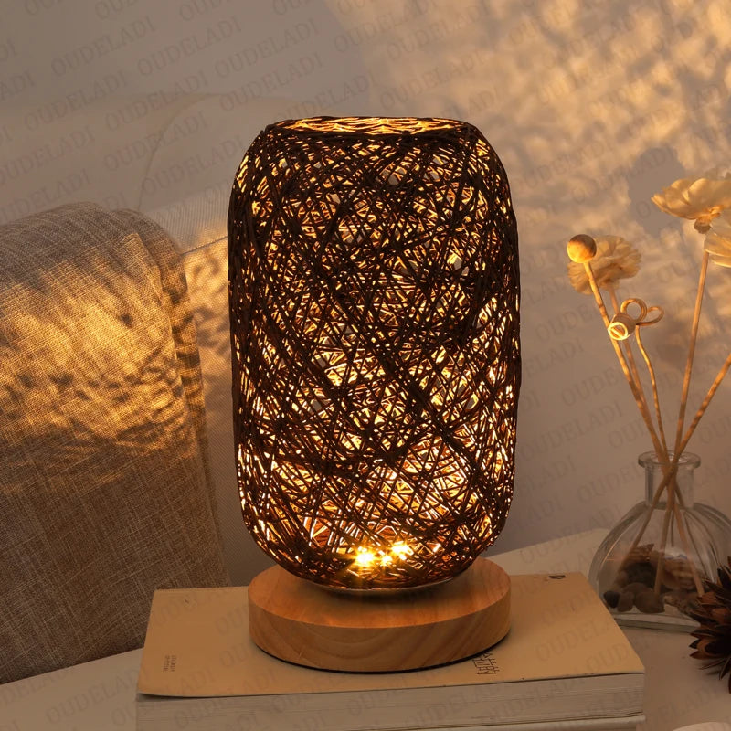lampe à poser en rotin base bois décoration intérieure moderne - vue 5 sur 8