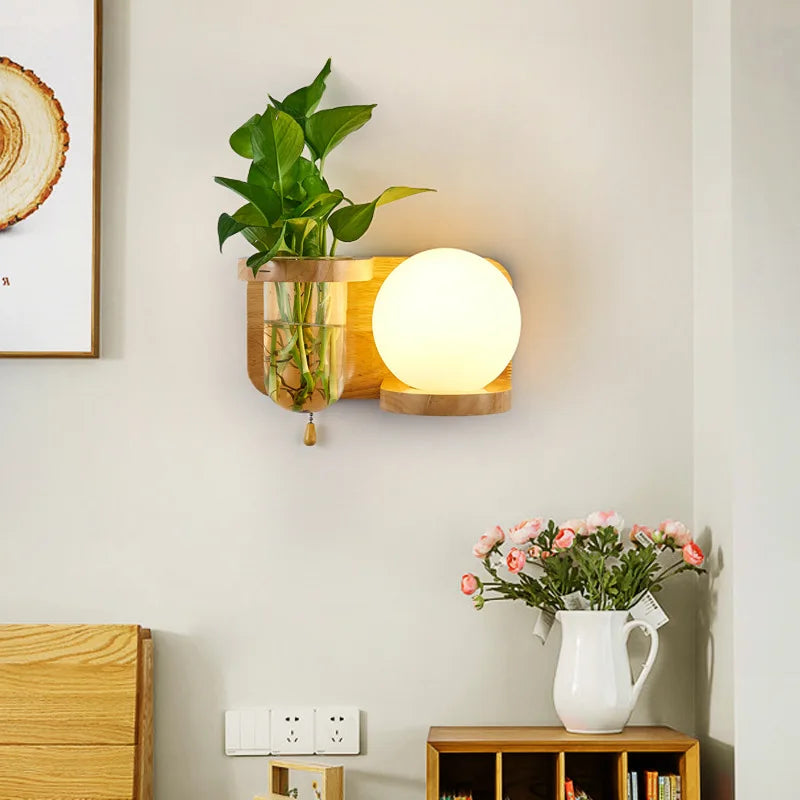 applique murale nordique bois plante verte abat-jour verre led - vue 5 sur 16