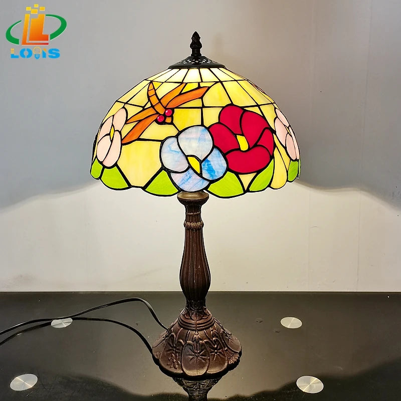 lampe de table style tiffany avec fleurs et libellules décorative - vue 2 sur 6