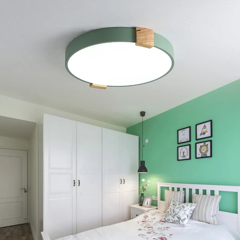 plafonnier led rond nordique en fer et bois décoratif créatif - vue 3 sur 10