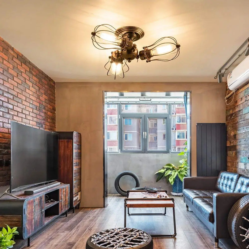 plafonnier vintage loft en fer cage métal lumière led nordique