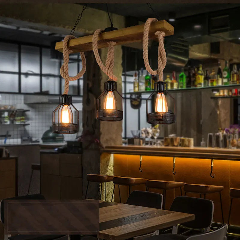 lustre industriel rétro avec 3 têtes en bois et corde de chanvre