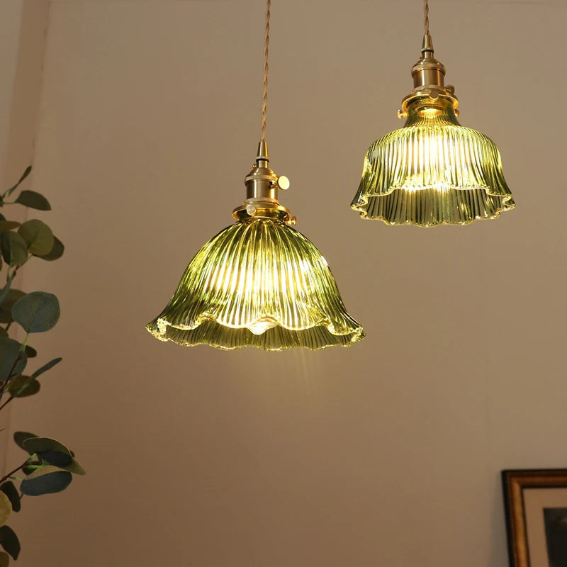 Suspension en verre vert foncé salle à manger chambre chevet Bar café suspension Luminaire rétro lampes suspendues en laiton pour plafond - vue 6 sur 14