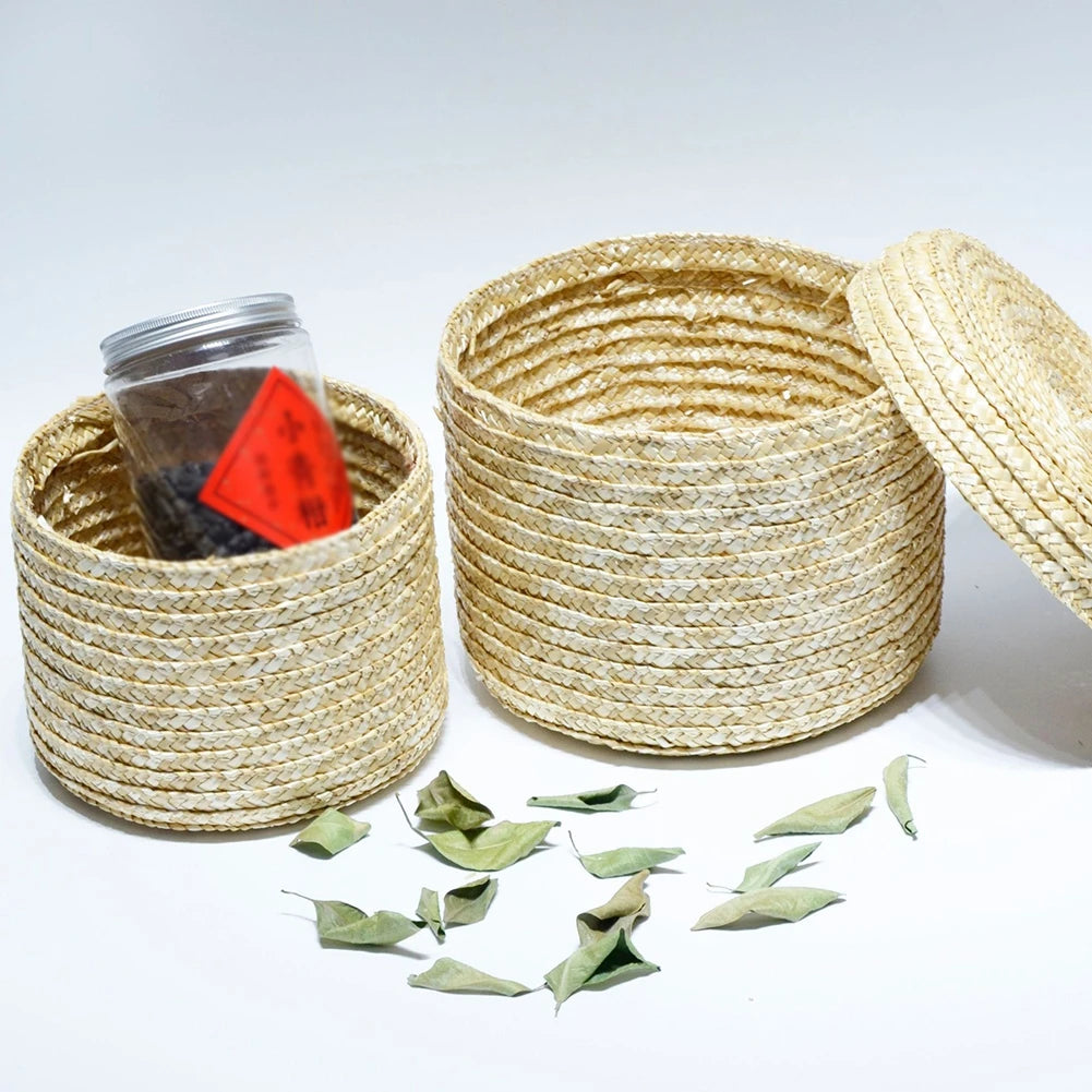 panier de rangement tissé en paille avec couvercle et organisateur - vue 5 sur 10