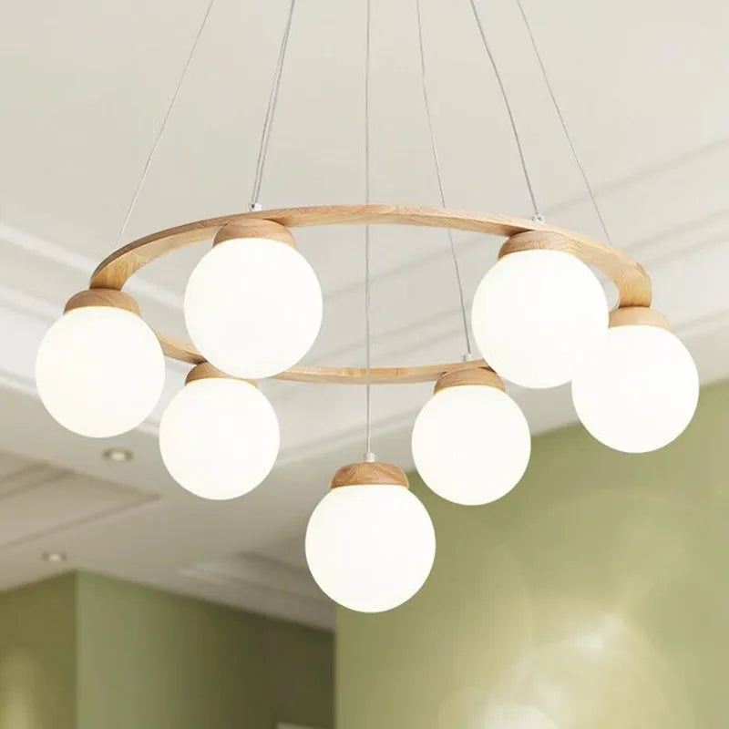 suspension nordique moderne en bois et verre blanc