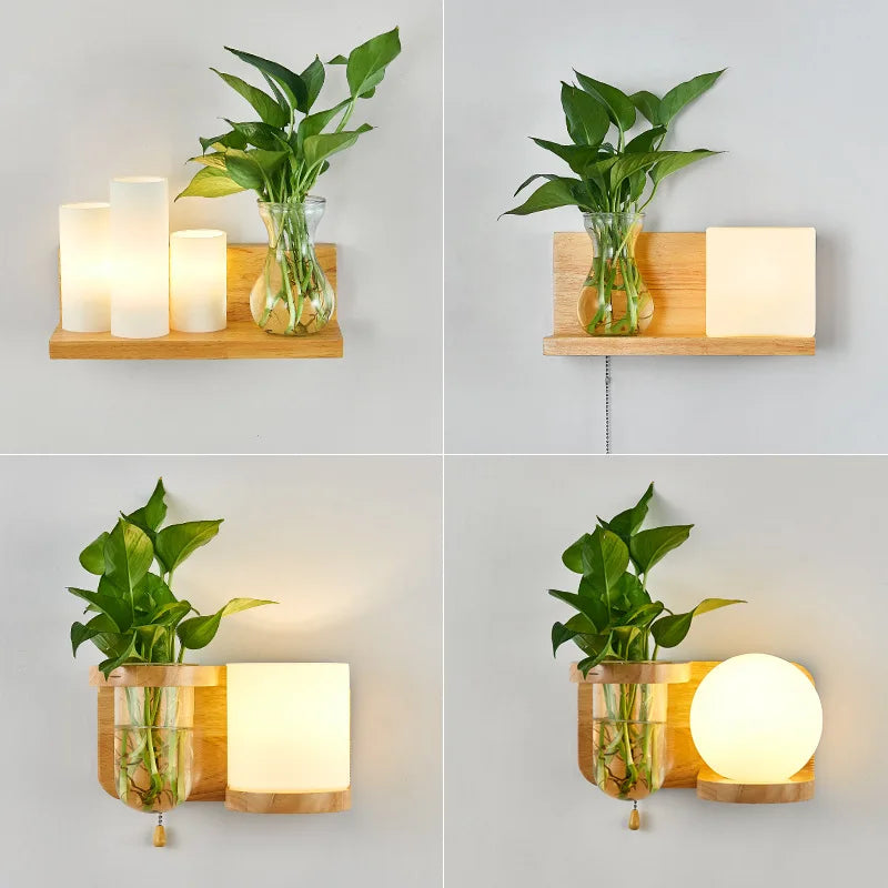 applique murale nordique bois plante verte abat-jour verre led - vue 2 sur 16
