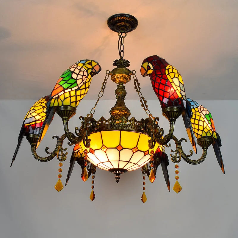 lustre tiffany vitrail lumineux oiseau perroquet design élégant intérieur - vue 10 sur 14