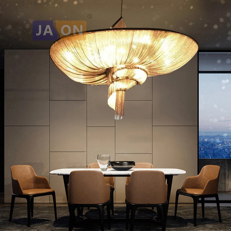 lustre rétro vintage en aluminium avec chaîne dorée et chromée - vue 5 sur 6
