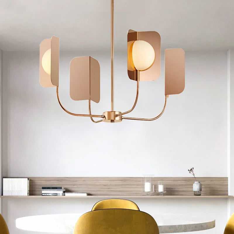 lustre en métal avec feuilles éclairage en verre laiteux design luxueux - vue 3 sur 10