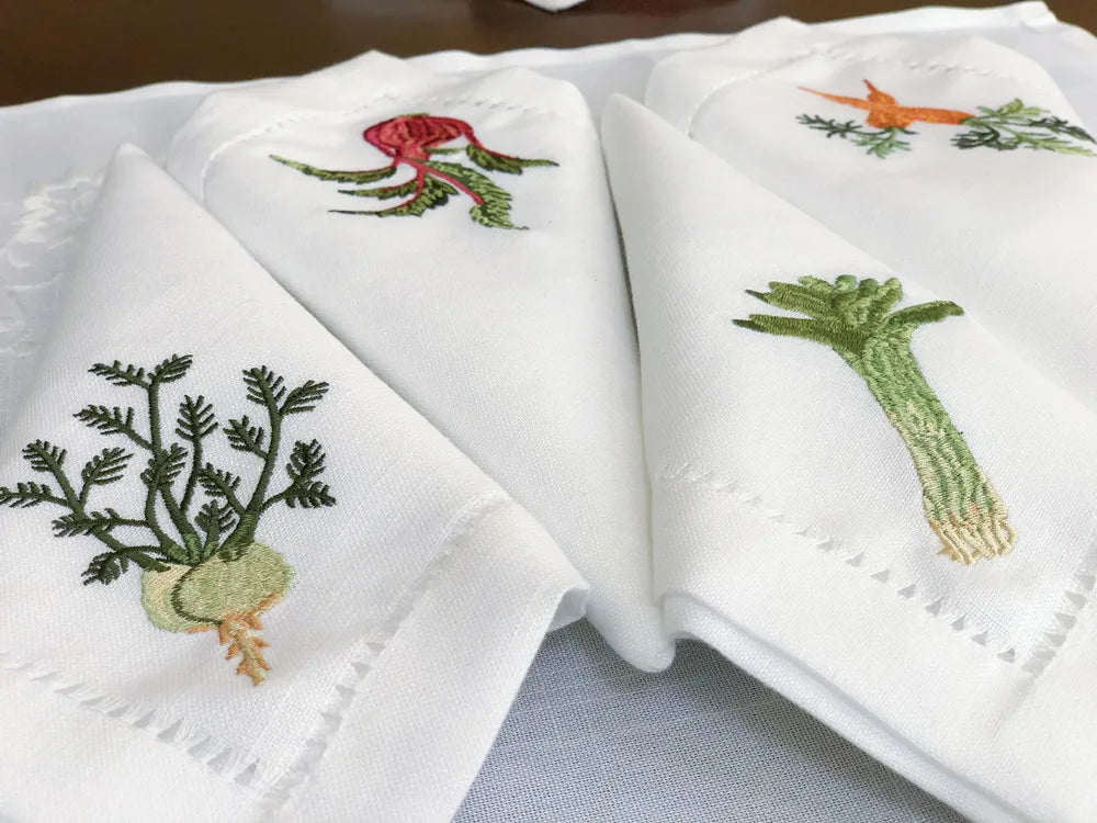 Serviette de table lin coton brodée légumes ajourée - vue 5 sur 6