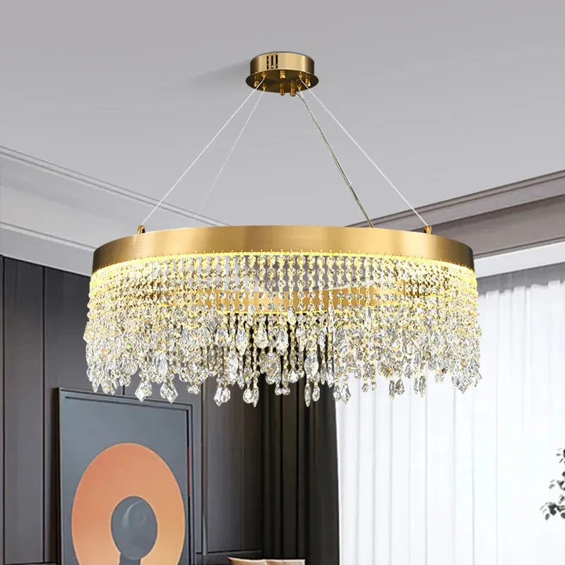 lustre en cristal de luxe doré à Led cercle