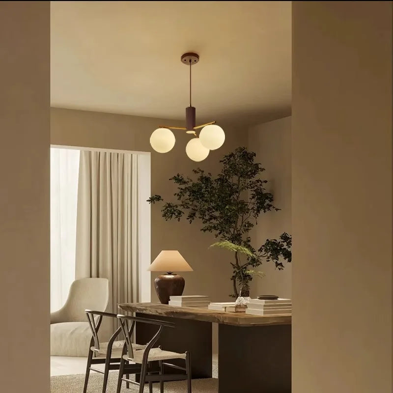 Walnut Wood Brass Round Glass, Wabi-sabi Modern Simple style, Chandelier light for Living room, Bedroom, Dining room, Study - vue 5 sur 16