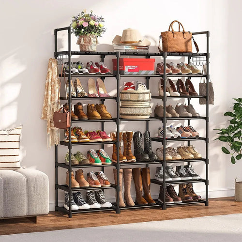 étagère à chaussures en métal avec porte-manteau et crochets intégrés - vue 2 sur 9