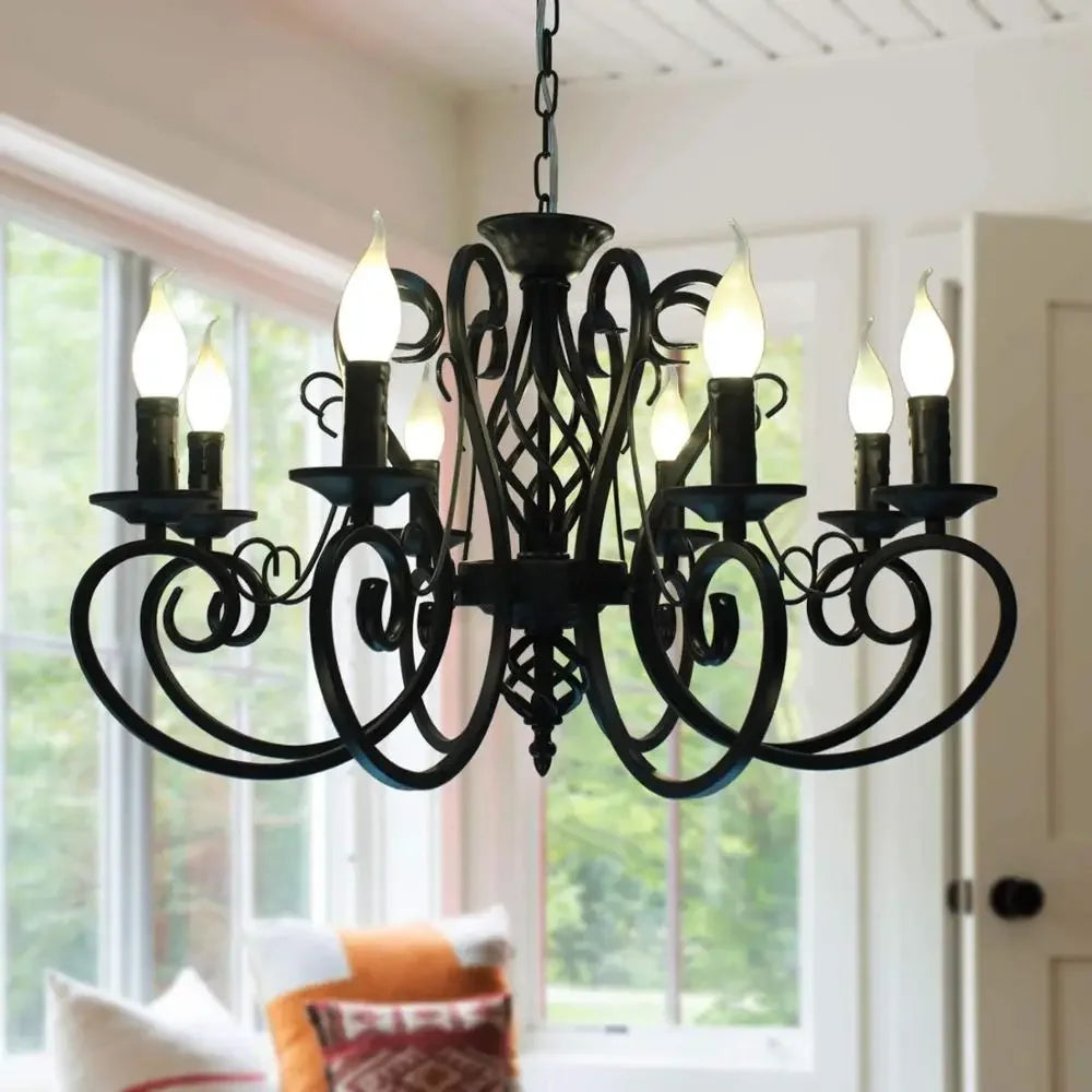 lustre vintage en fer forgé suspension en métal noir - vue 2 sur 8