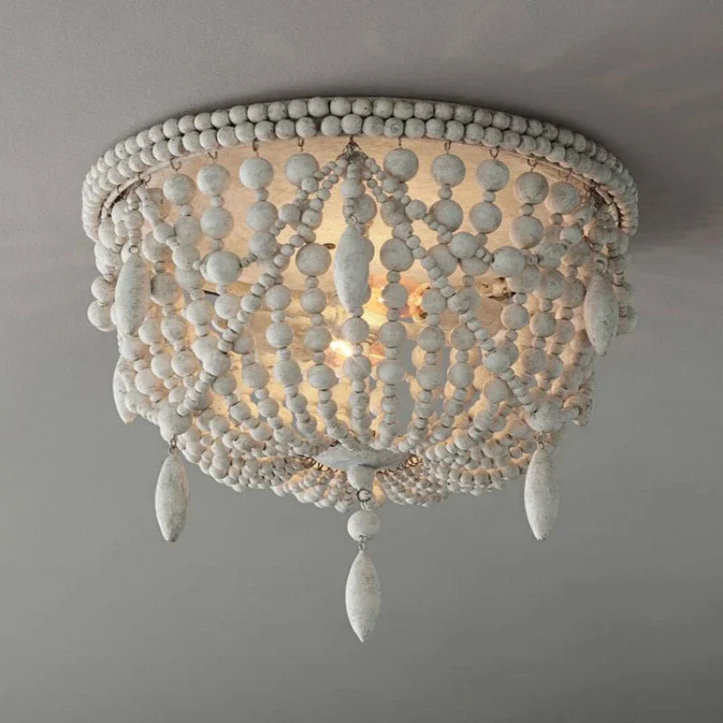 French Style Retro Pendant Lights For Living Room  Bedroom Children'S Room Princess White Wood Bead Decorative Indoor Lighting - vue 2 sur 9