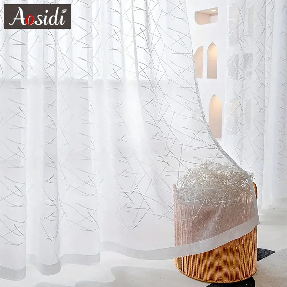 Voilage tulle brodé motifs géométriques rayés salon chambre - vue 4 sur 7