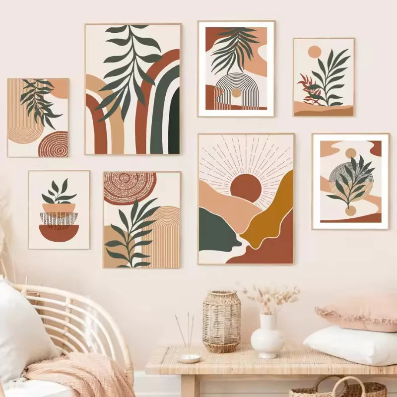 affiches abstraites boho avec feuilles soleil pour décoration murale