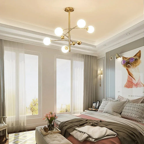 Nordic 5 Heads Copper Chandelier For Living Room Bedroom Hotel Rotatable Arms Milky White Lampshade G9 LED Lighting Fixtures - vue 4 sur 7