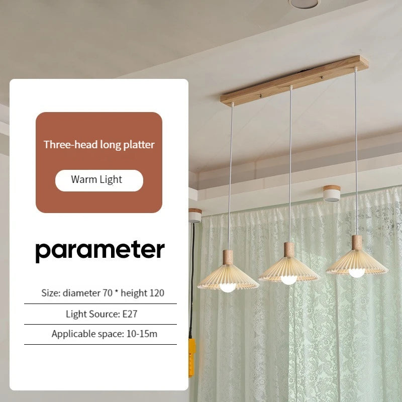suspension moderne en tissu plissé avec base en bois - vue 13 sur 14