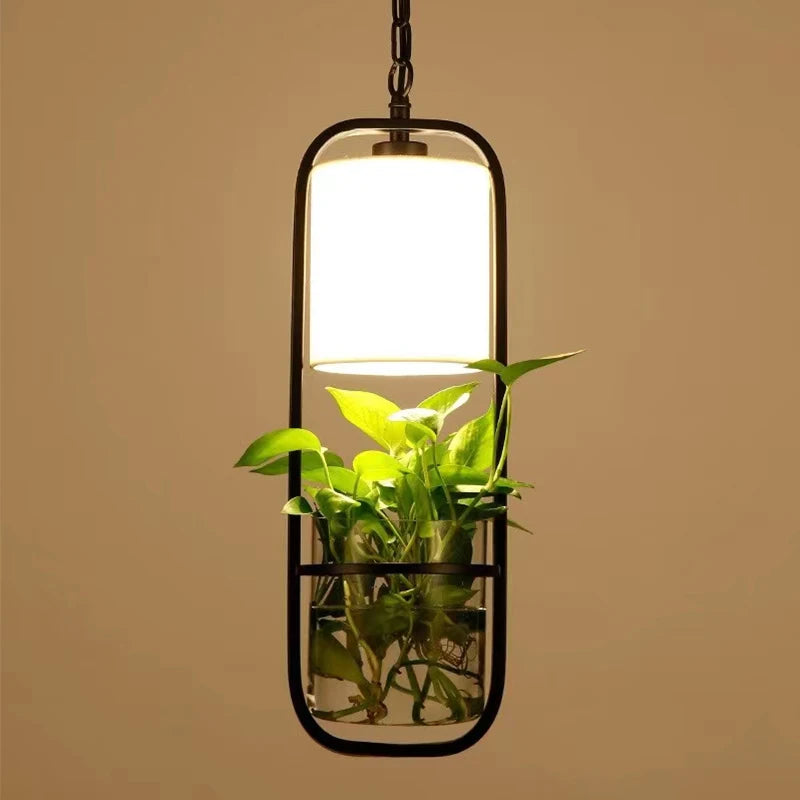 Suspension moderne en cage avec abat-jour en verre et fer