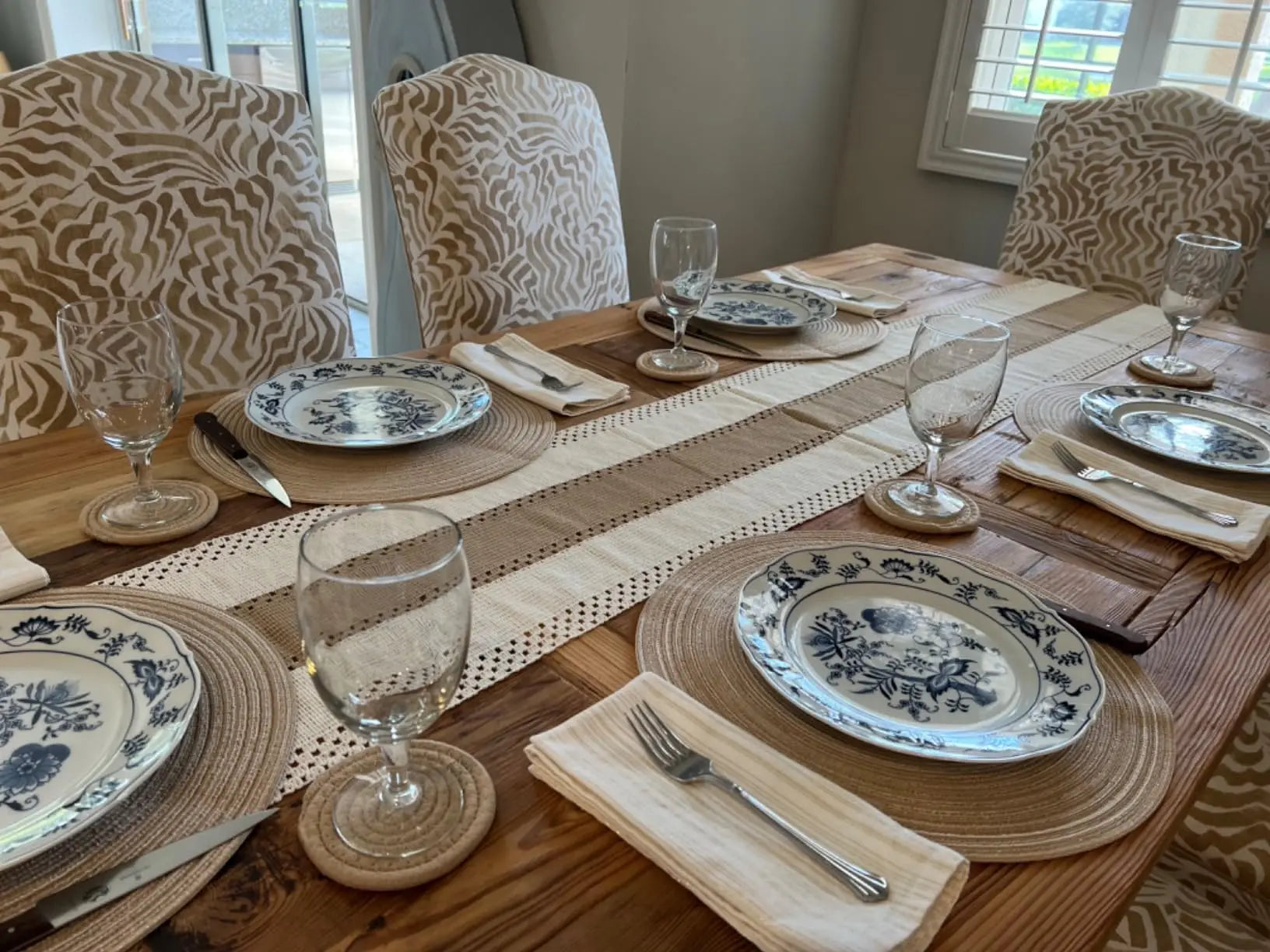 Chemin de table boheme beige motifs geometriques pompons - vue 5 sur 7