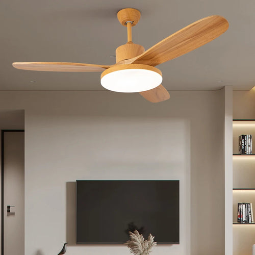 ventilateur de plafond moderne en bois avec lumière led et télécommande - vue 3 sur 12