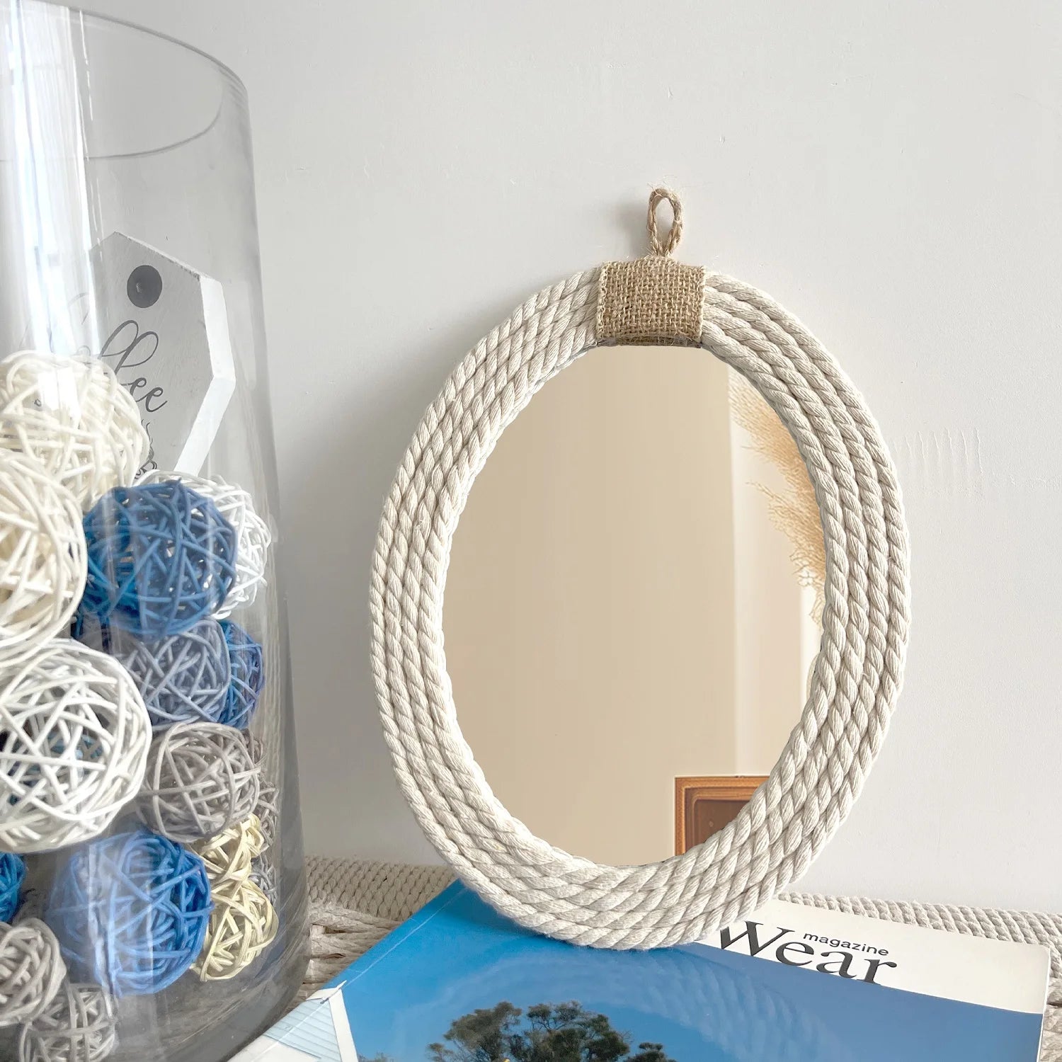 miroir ovale en corde de coton style nautique bohéme - vue 6 sur 7