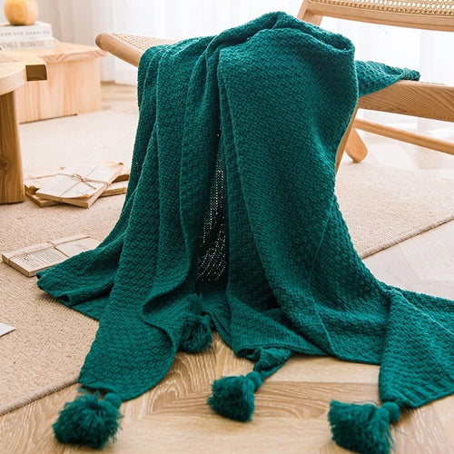 plaid grosse maille gaufré avec pompons style nordique - vue 8 sur 7